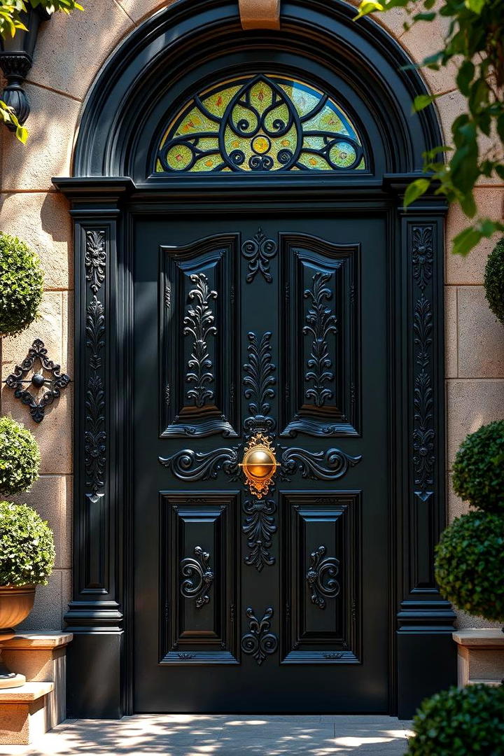 Elegant Black with Carved Detailing - 21 Black Front Door Ideas