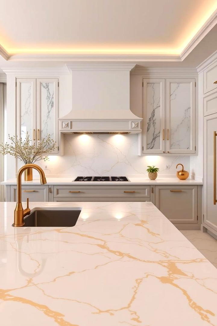 Elegant Marble Countertops in White and Gold - 21 White and Gold Kitchen Ideas