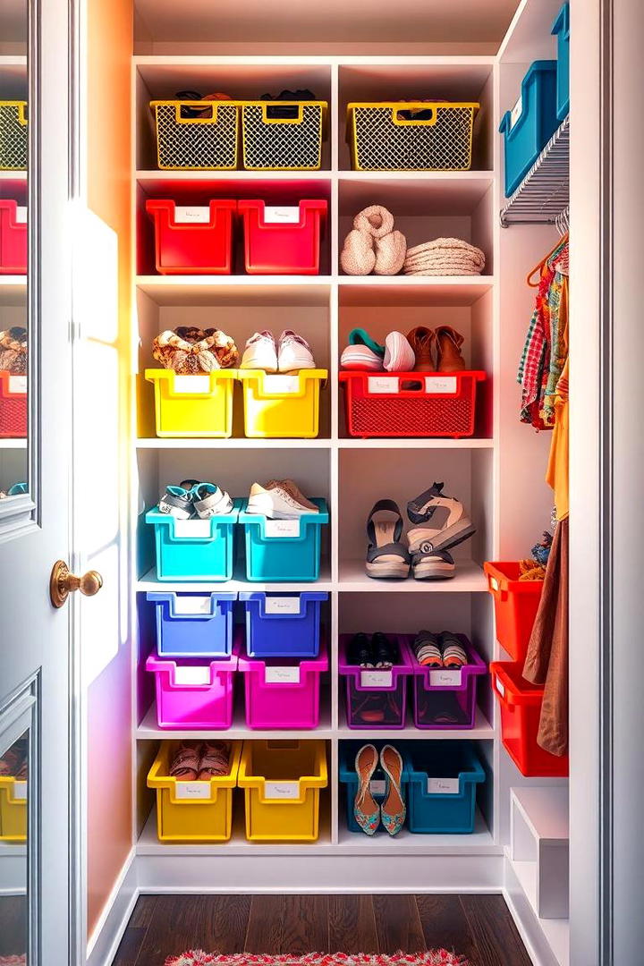 Employing Color Coded Bins for Organization - 30 Hall Closet Organization Ideas