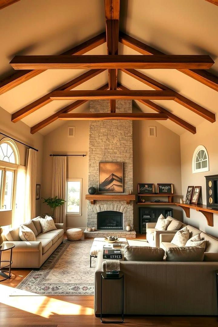 Family Room Warmth and Unity - 30 Vaulted Ceiling With Beams