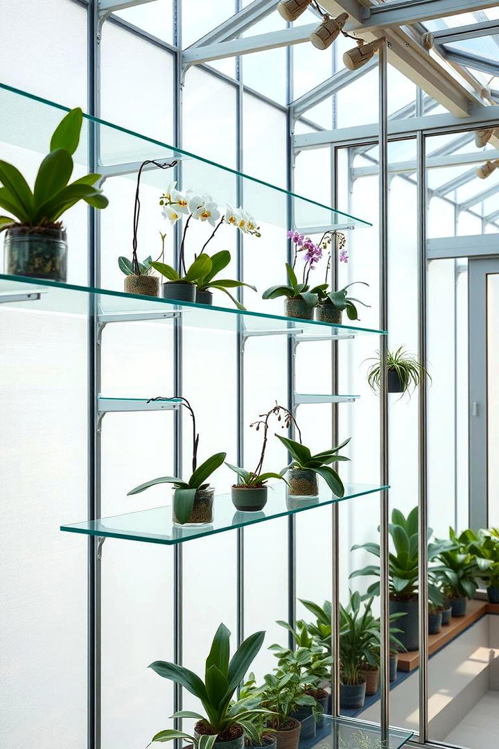 Floating Glass Shelves for Greenhouses - 30 Greenhouse Shelving Ideas