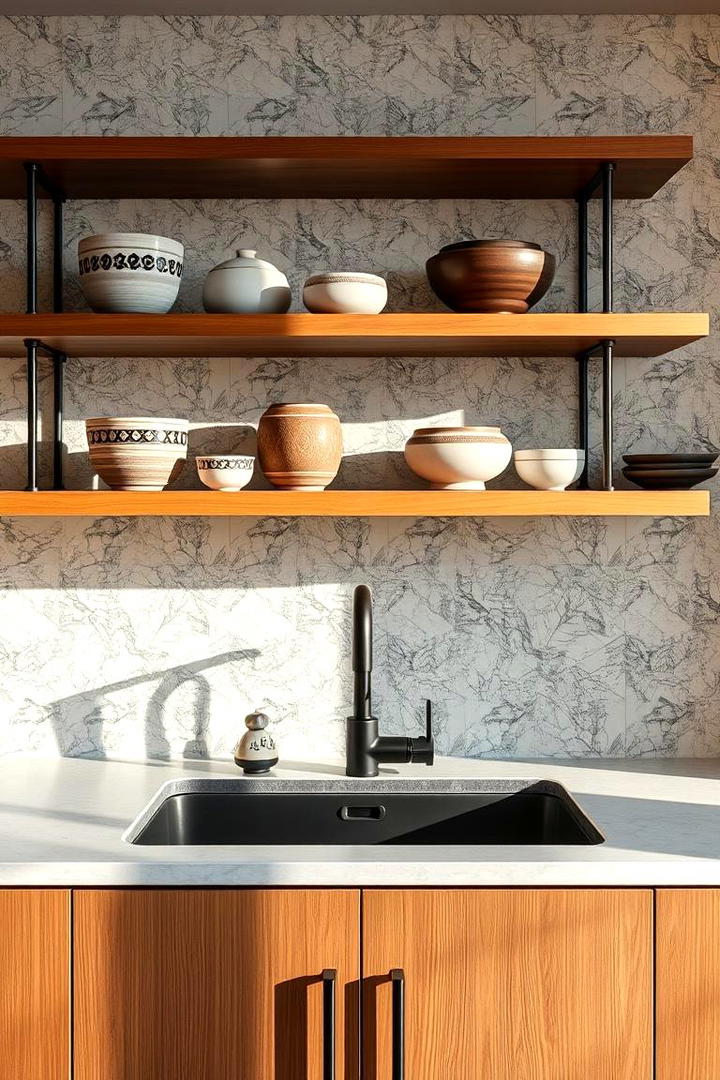 Floating Shelves and Backsplash - 30 Kitchens Without Upper Cabinets