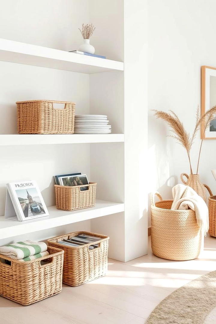 Floating Shelves with Baskets - 30 Living Room Storage Ideas