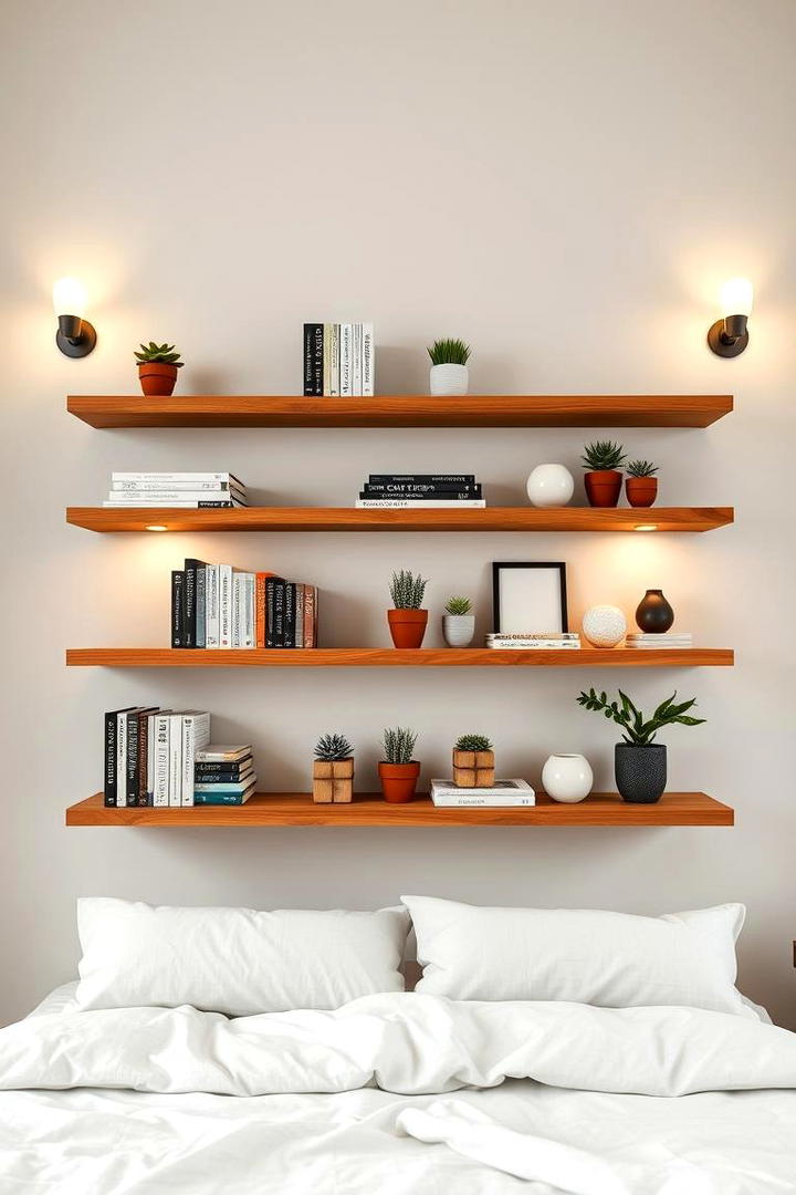 Floating Wooden Elegance - 30 Bedroom Shelving Ideas