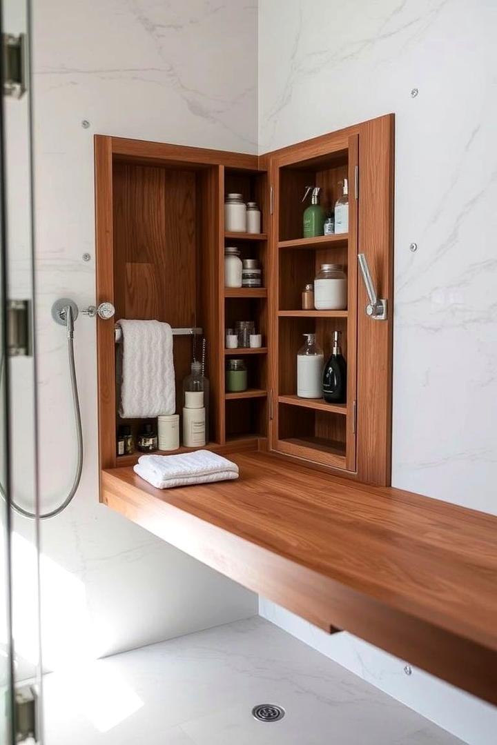 Fold Down Storage Benches for Space Efficiency - 30 Shower Storage Ideas