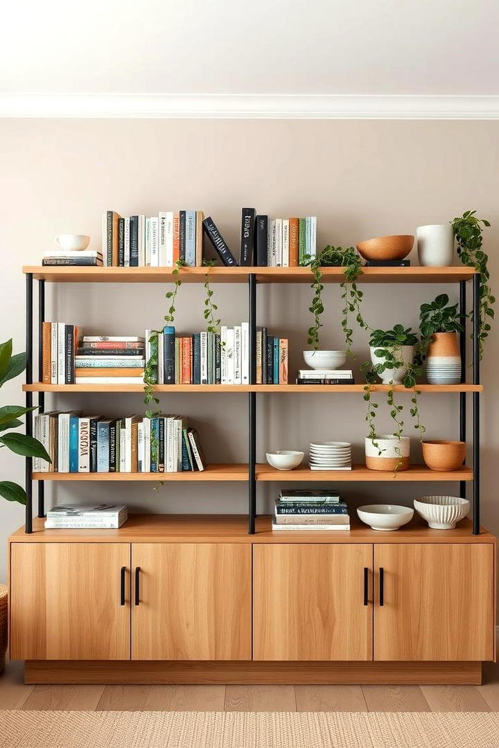 Functional Beige Open Shelving - 21 Beige Living Room Ideas