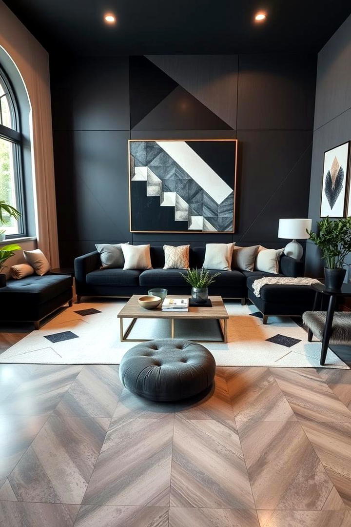 Geometric Patterns Enhancing Black Couch Appeal - 21 Black Couch Living Room Ideas