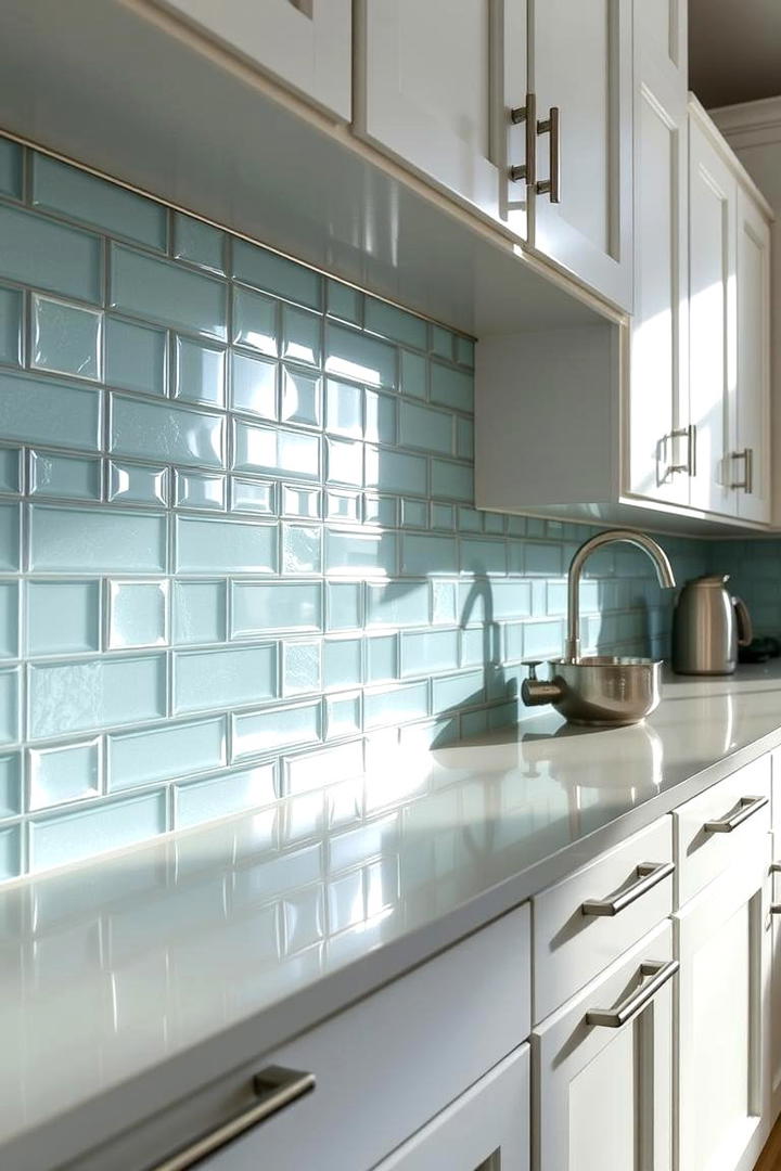 Glossy Glass Tiles - 21 White Cabinet Kitchen Backsplash Ideas