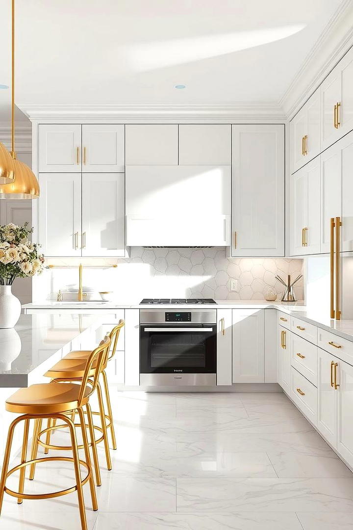 Glossy White Cabinets with Intricate Gold Inlays - 21 White and Gold Kitchen Ideas