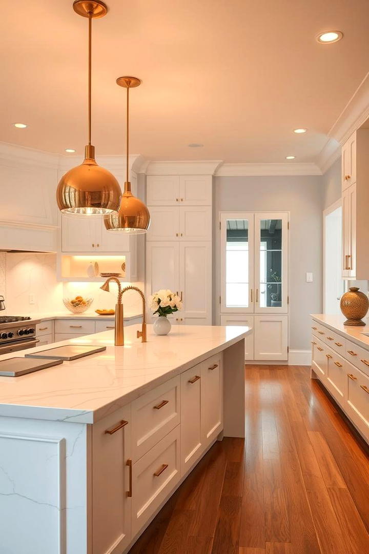 Gold Pendant Lighting over White Island - 21 White and Gold Kitchen Ideas