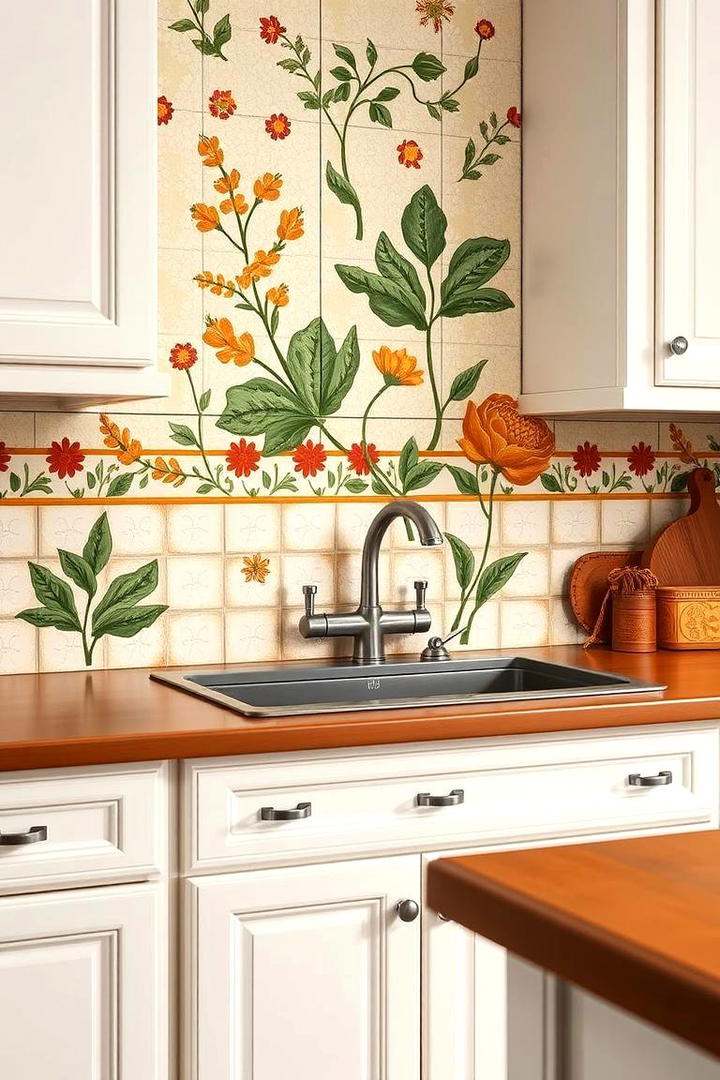 Hand Painted Artisan Tiles - 21 White Cabinet Kitchen Backsplash Ideas