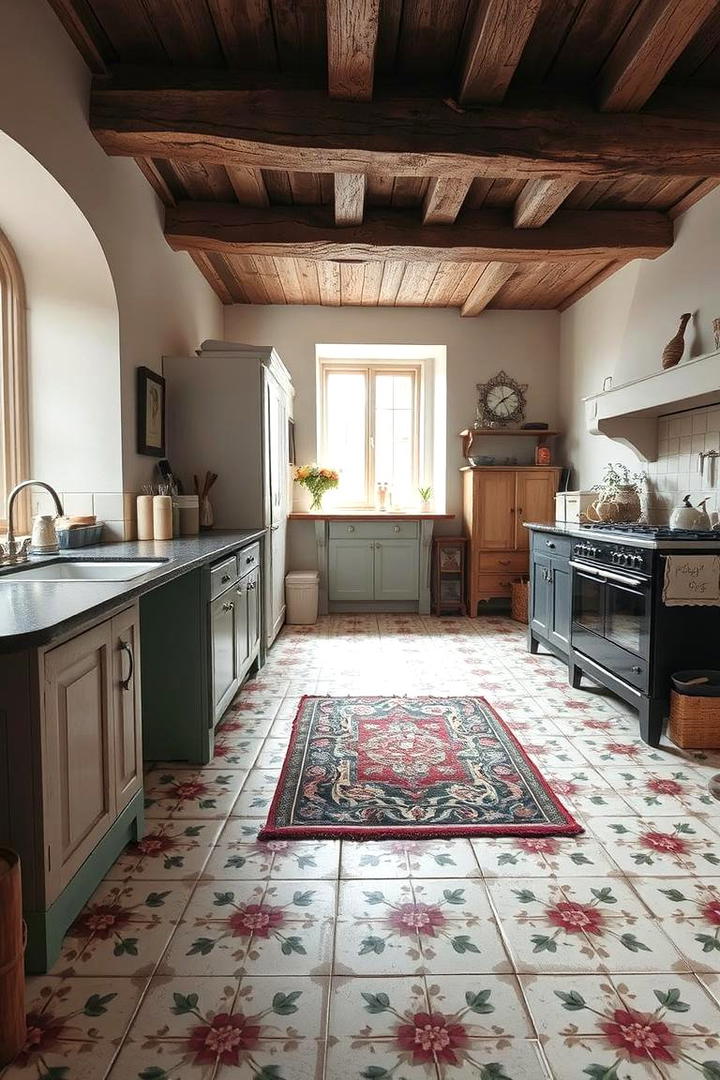 Hand Painted Floor Tile Flair - 30 Cottage Kitchen Ideas