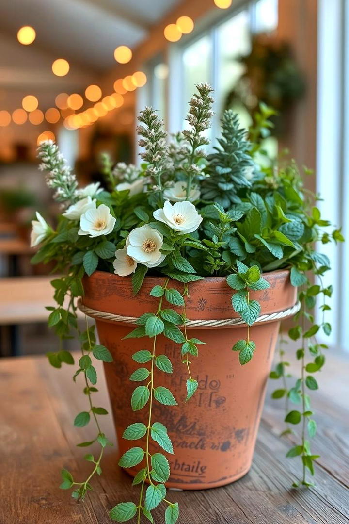 Herb Garden Centerpiece in a Vintage Pot - 30 Rustic Wedding Centerpieces