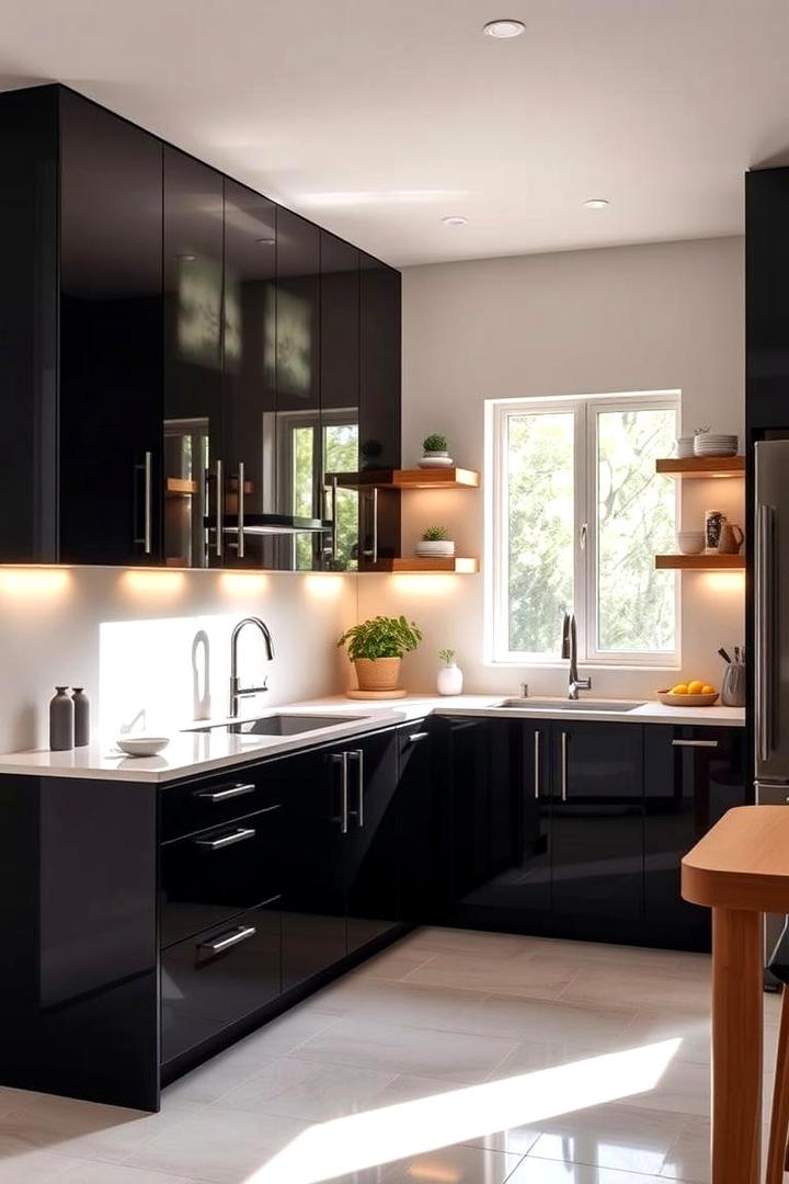 High Gloss Black with Warm Wood Accents - 30 Black Kitchen Cabinet Ideas