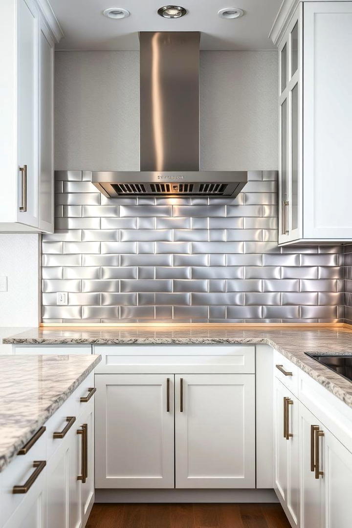 Industrial Metal Finish - 21 Backsplash Ideas for White Cabinets and Granite Countertops