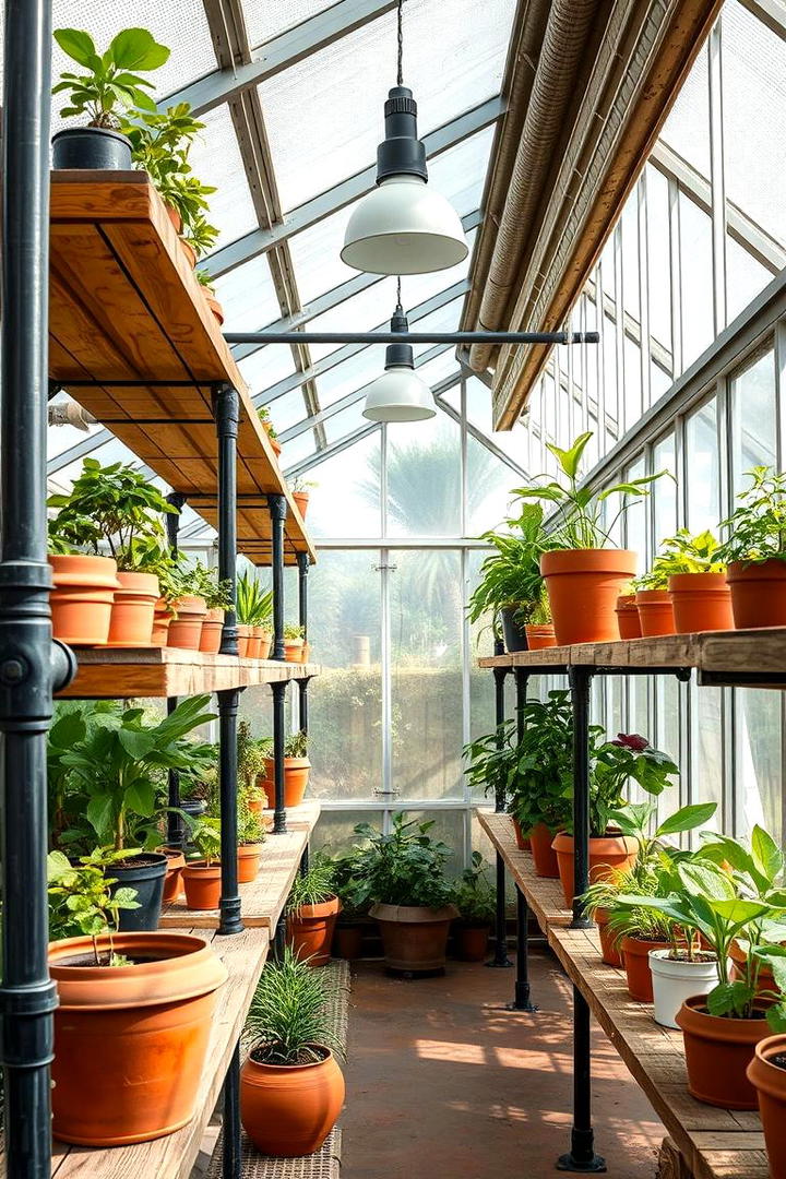 Industrial Pipe and Wood Shelves - 30 Greenhouse Shelving Ideas