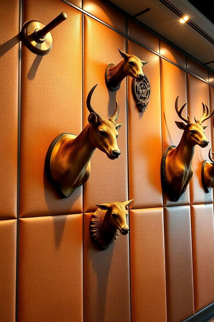 Leather Accented Trophy Wall - 30 Hunting Trophy Room Ideas