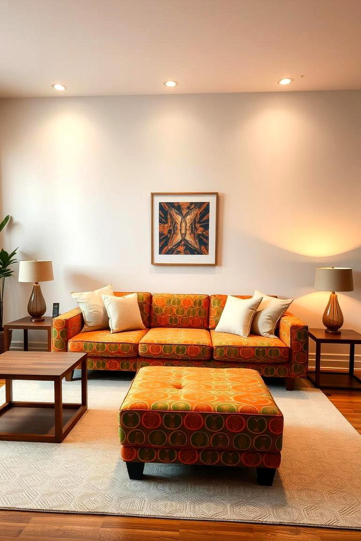 Lively Orange and Green Patterned Sofa - 30 Green and Orange Living Room Ideas