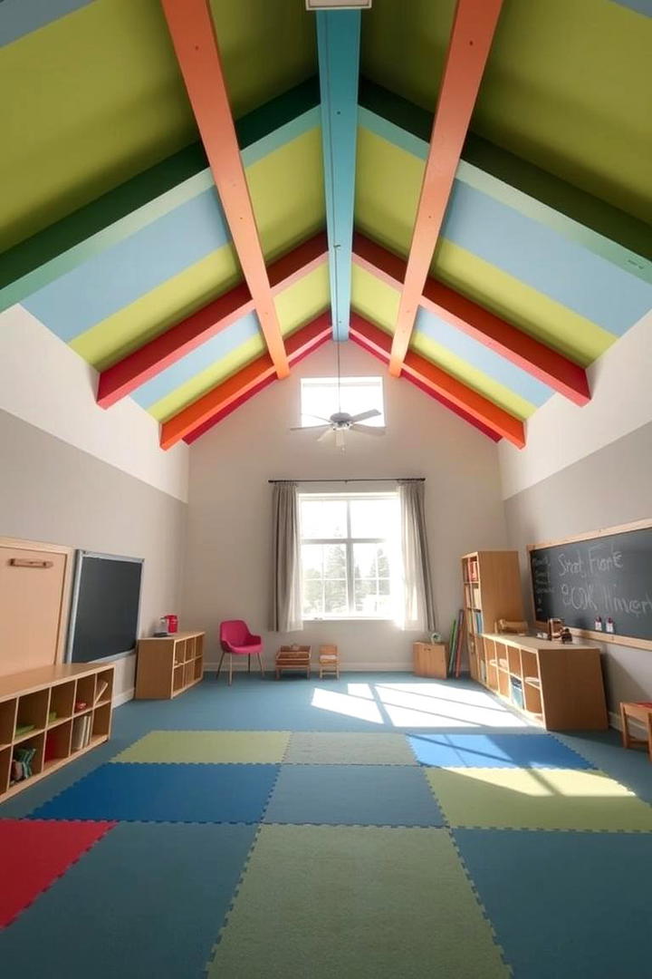 Lively Playroom Design - 30 Vaulted Ceiling With Beams