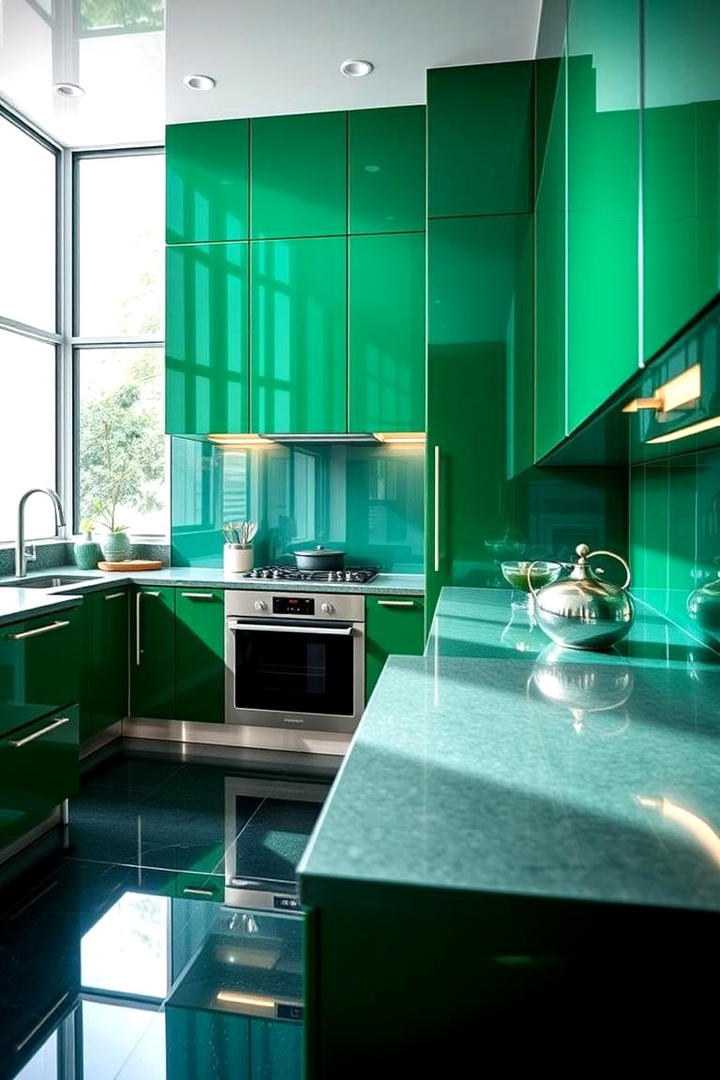 Lustrous Emerald Green Gloss Cabinets - 21 Green Kitchen Cabinet Ideas