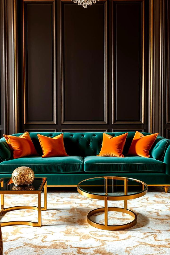 Luxurious Green Velvet with Orange Highlights - 30 Green and Orange Living Room Ideas