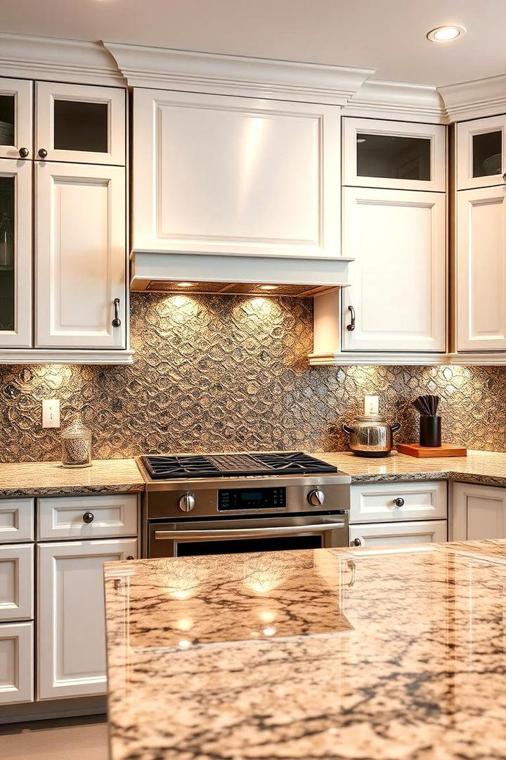 Luxurious Metallic Sheen - 21 Backsplash Ideas for White Cabinets and Granite Countertops