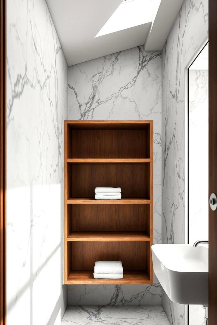 Marble Walls with Open Shelving - 30 Marble Bathroom Ideas