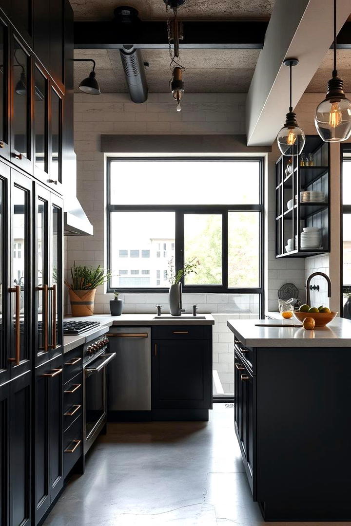 Mixed Material Black and Metal Cabinets - 30 Black Kitchen Cabinet Ideas