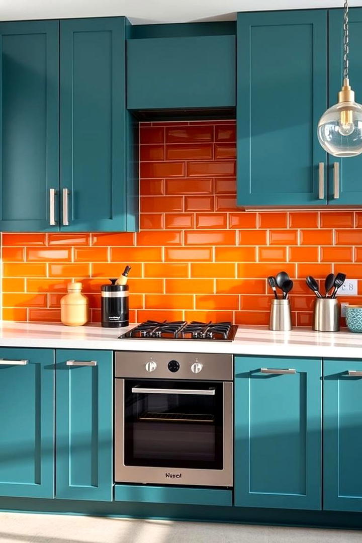 Modern Kitchen with Teal Cabinets and Orange Backsplash - 30 Teal and Orange Color Scheme for Your Rooms