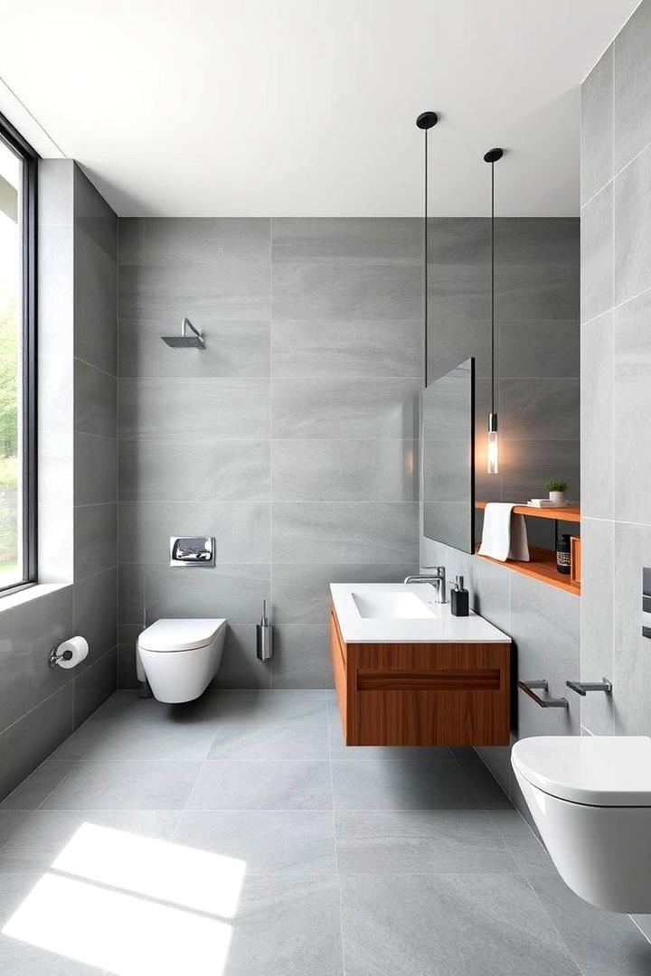 Modern Minimalist Retreat - 21 Grey Tile Bathroom Ideas