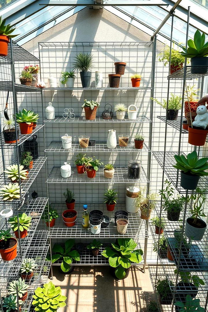 Modular Metal Grid Shelves - 30 Greenhouse Shelving Ideas