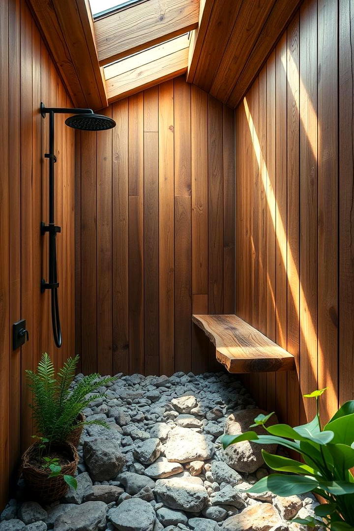 Natural Elements Walk In Shower with Wooden Bench - 21 Walk in Shower Ideas With Bench