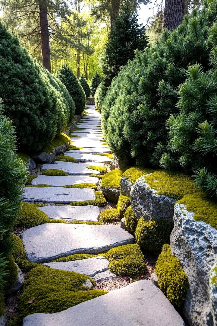 Natural Stone Pathway and Evergreens - 30 Front Yard Evergreen Landscaping Ideas