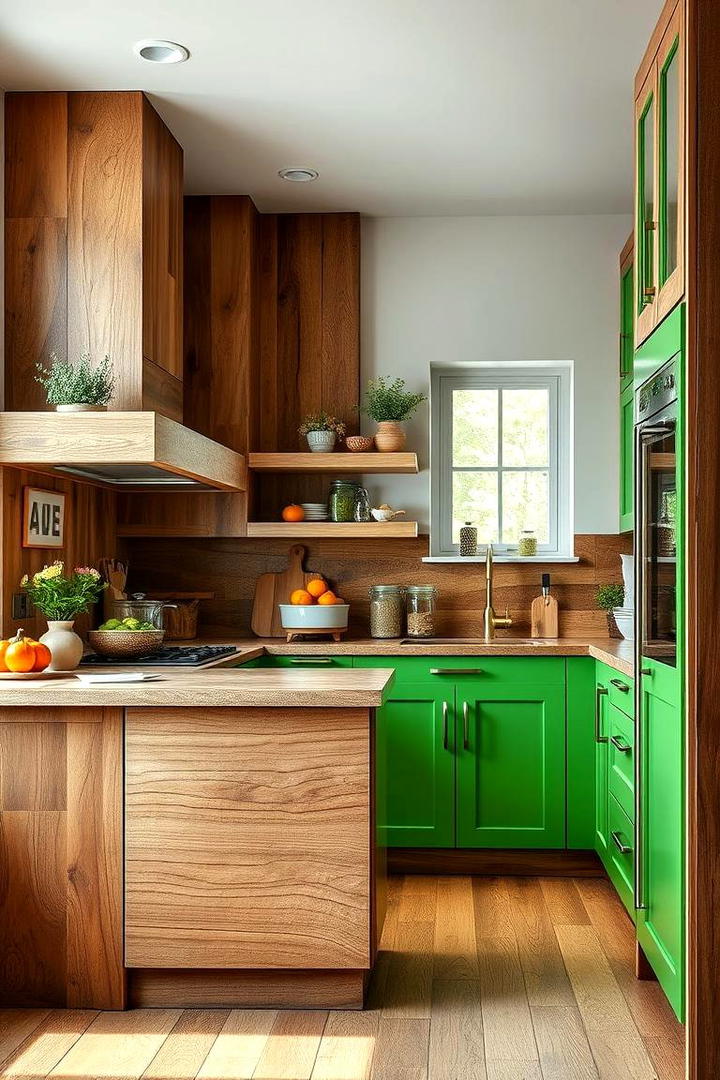 Natural Wood with Accented Green Cabinets - 21 Green Kitchen Cabinet Ideas