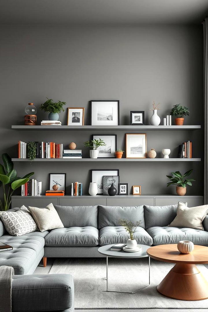 Open Shelving in a Gray Lounge - 21 Gray Living Room Ideas