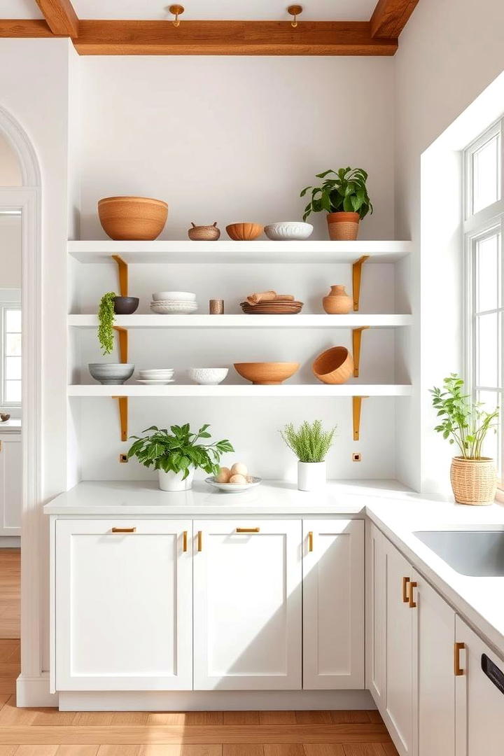 Open Shelving with White and Gold Charm - 21 White and Gold Kitchen Ideas