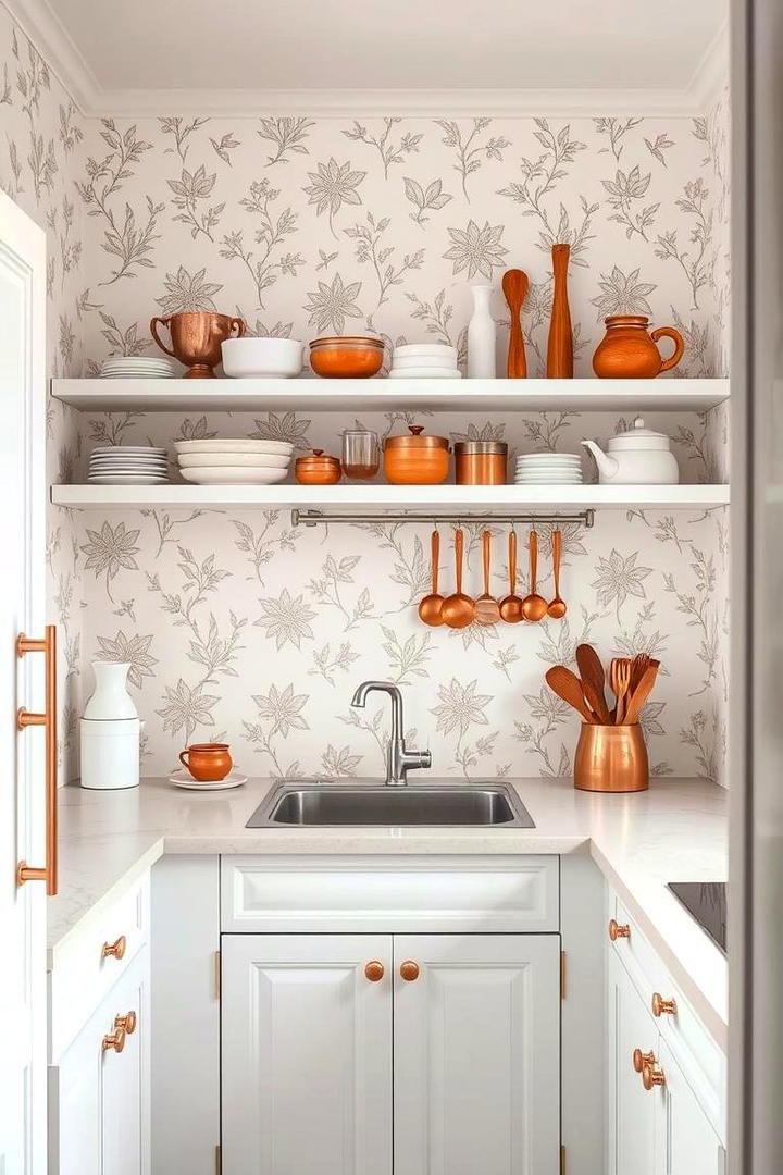 Patterned White Wallpaper Accent - 30 Small White Kitchen Ideas