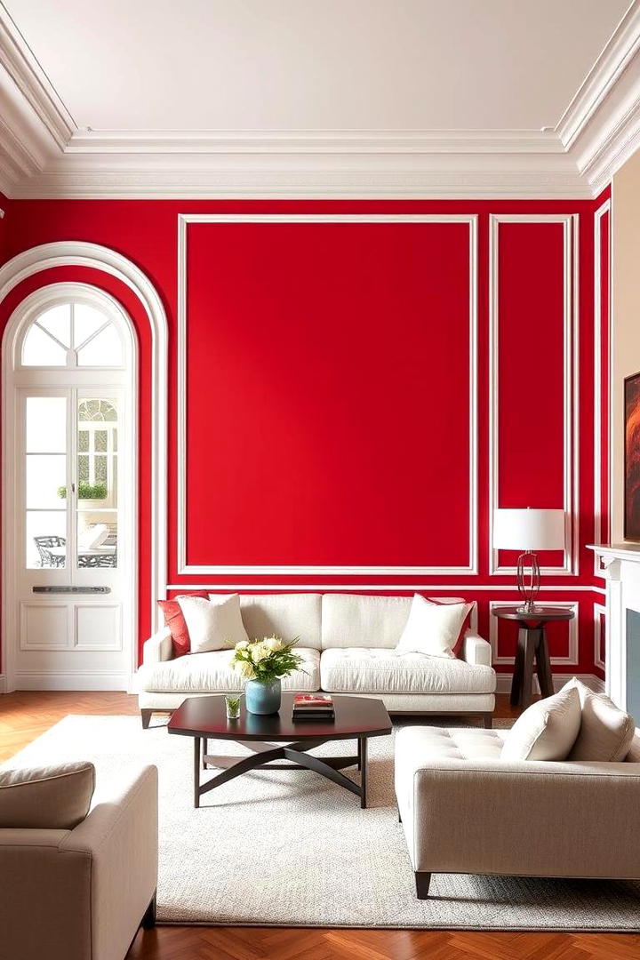 Red Accent Walls with White Trim - 17 Red Living Room Ideas