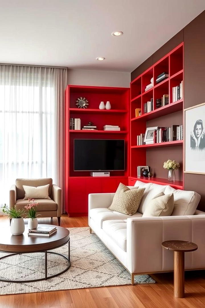 Red Built In Shelving for a Custom Look - 17 Red Living Room Ideas