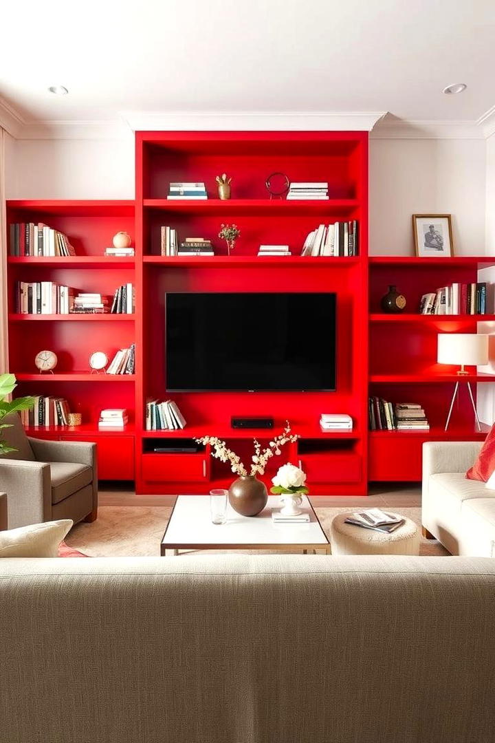 Red Shelves to Showcase Decor - 17 Red Living Room Ideas