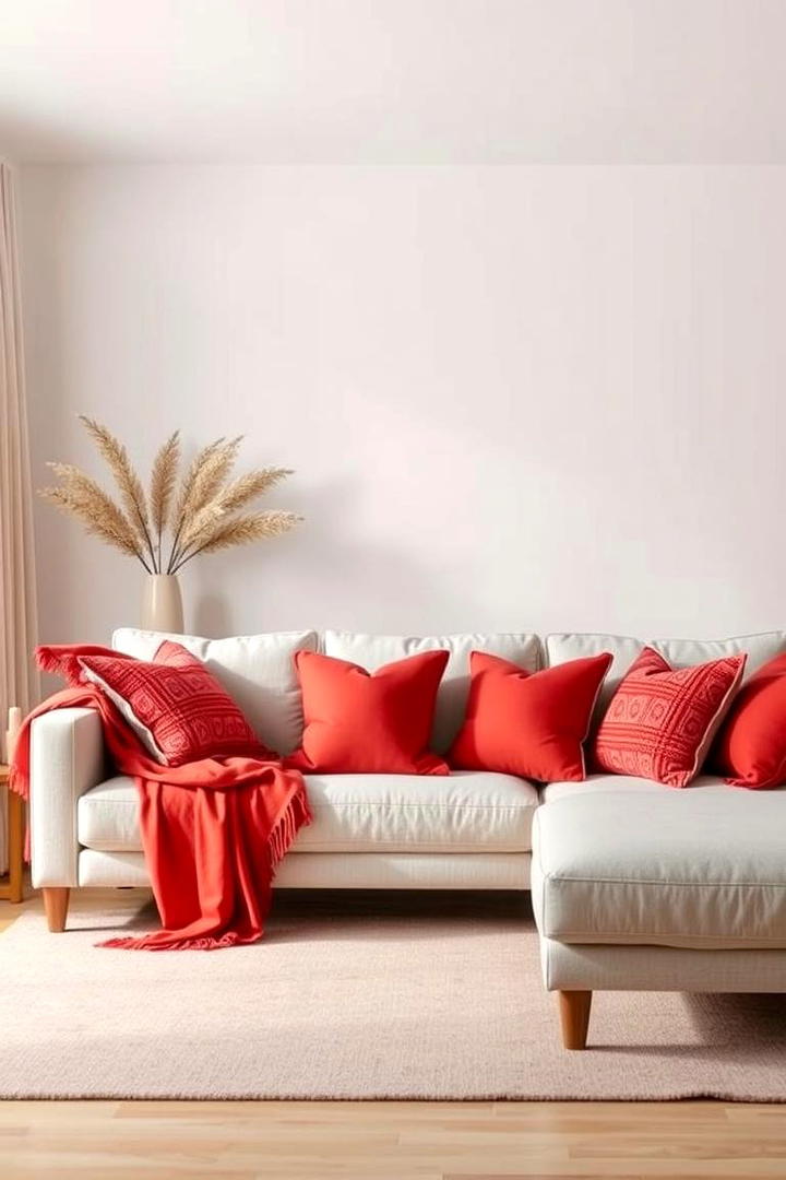 Red Throws and Pillows on a Neutral Sofa - 17 Red Living Room Ideas