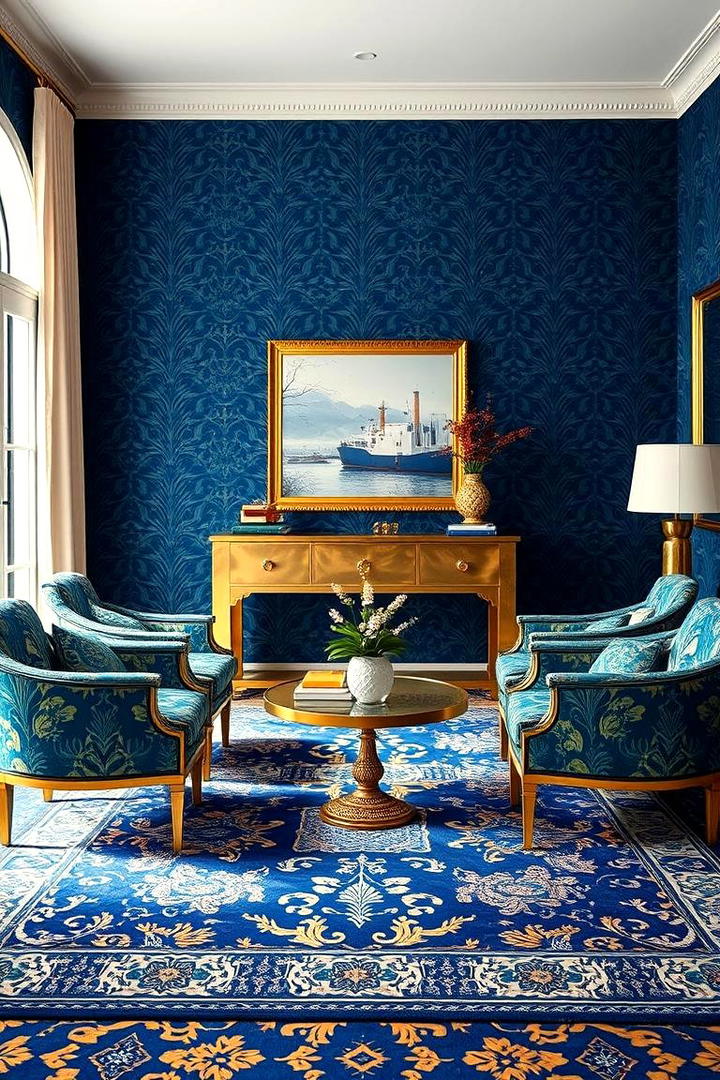 Refined Blue Patterns and Gold Accessories - 30 Blue and Gold Living Room Ideas