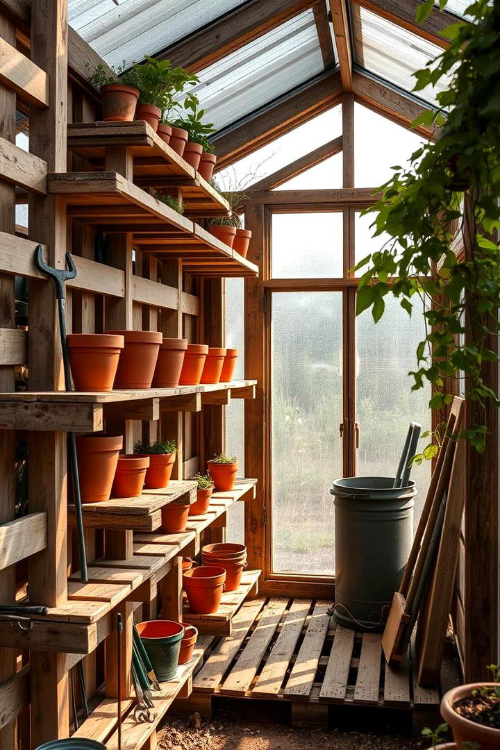 Repurposed Pallet Wood Shelving - 30 Greenhouse Shelving Ideas