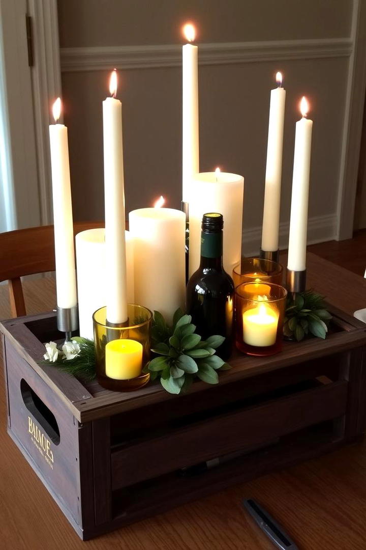 Rustic Candle Lit Arrangement in a Wine Crate - 30 Rustic Wedding Centerpieces