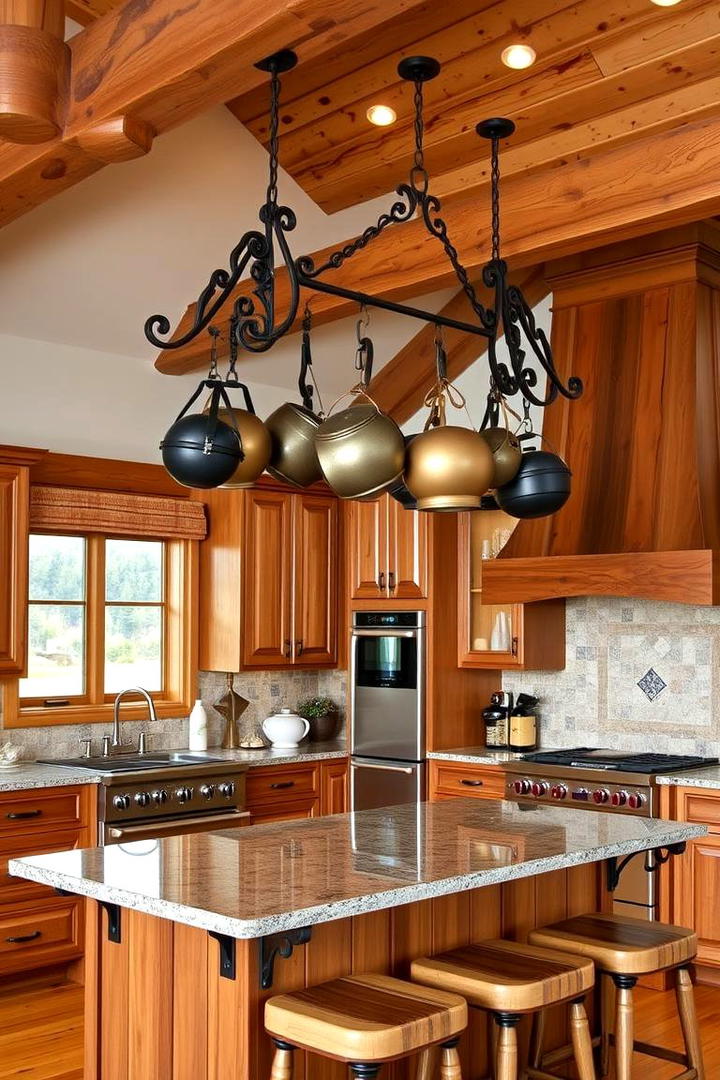 Rustic Iron Pot Racks - 30 Cabin Kitchen Ideas