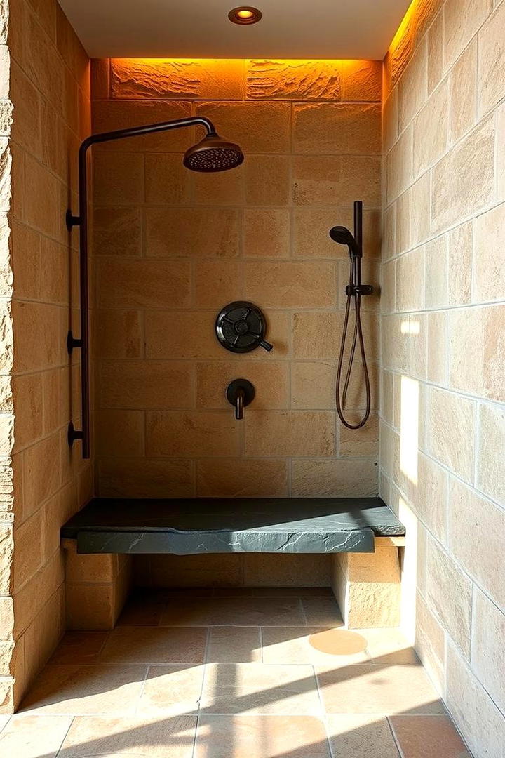 Rustic Stone Inspired Walk In Shower with Bench - 21 Walk in Shower Ideas With Bench