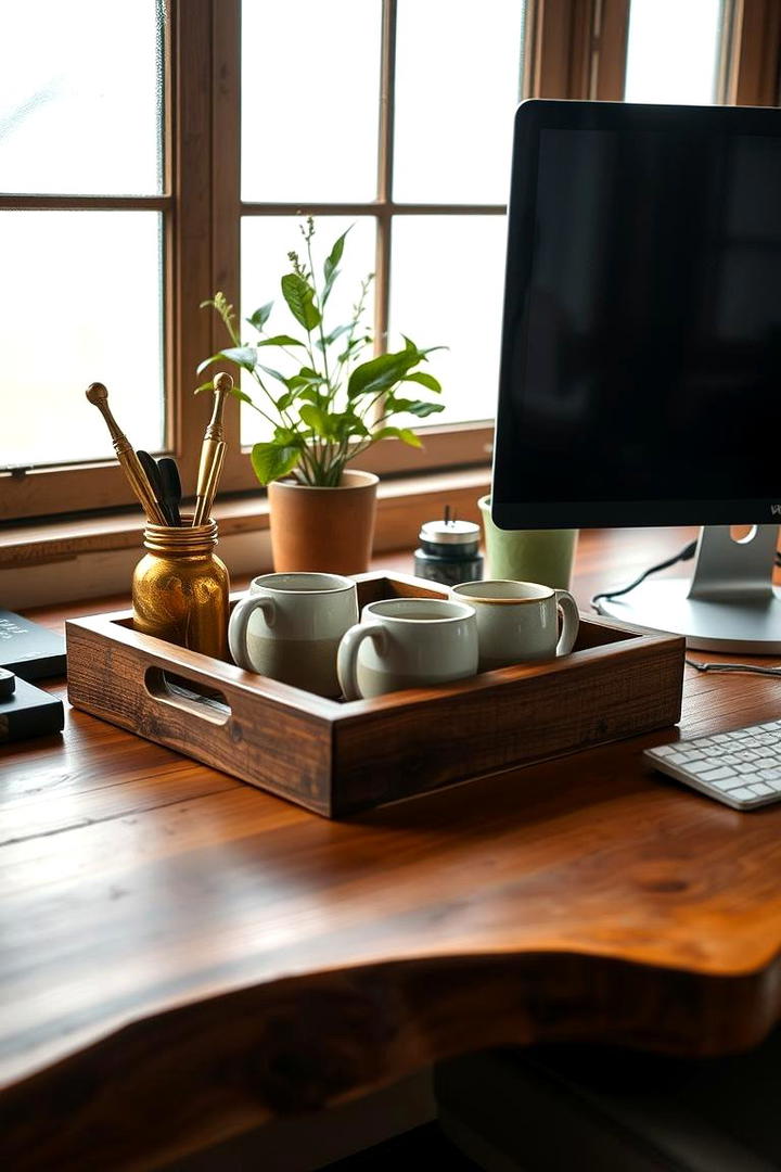 Rustic Wooden Tray Feature - 30 Desk Decor Ideas