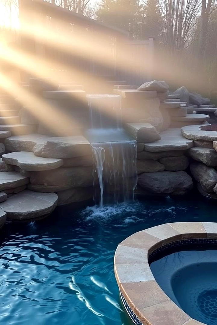 Scenic Waterfall Feature Pool - 30 Rectangle Pool With Hot Tub