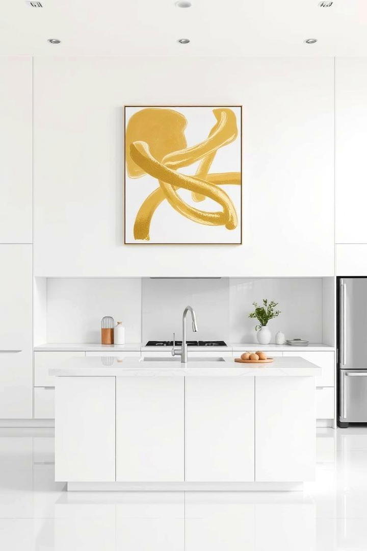 Sleek White Walls with Striking Gold Artwork - 21 White and Gold Kitchen Ideas