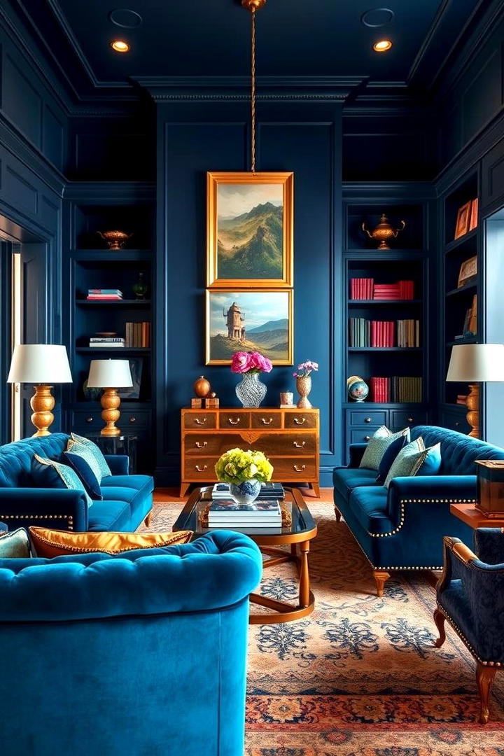 Sophisticated Blue Furniture with Golden Trims - 30 Blue and Gold Living Room Ideas